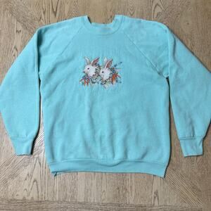 VTG Fruit of the Loom Large Teal Cross‎ Stitch Bunny Sweatshirt Vintage